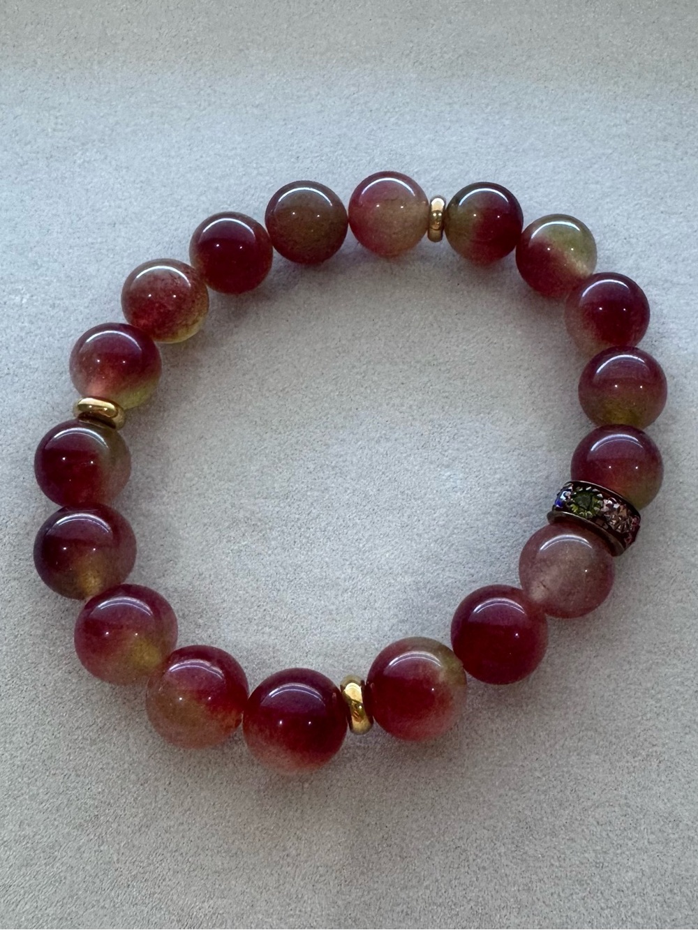 Red Chalcedony Beaded Stretch Bracelet with Gold Accents